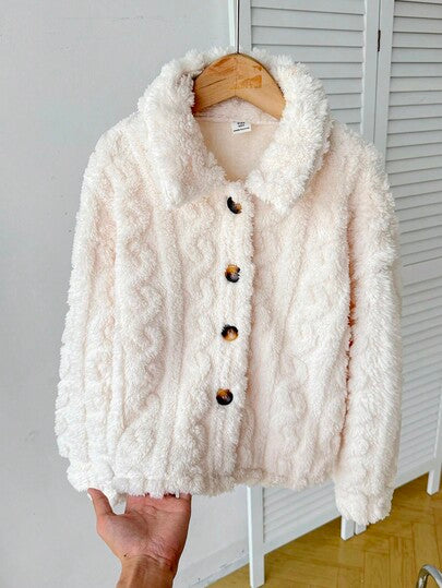 SHEIN معطف طويل الأكمام قابل للعكس بلون بيج ثابت، مناسب للارتداء اليومي الكاجوال في فصلي الخريف والشتاء، للعودة إلى المدرسة، للبنات في فصل الشتاء، للأم والابنة المتطابقة، معطف فرو أنيق للأم والابنة في فصل الخريف