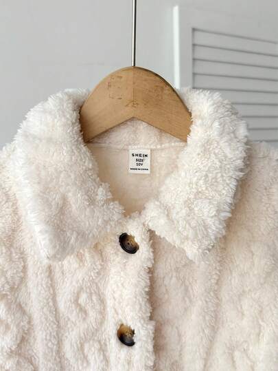 SHEIN معطف طويل الأكمام قابل للعكس بلون بيج ثابت، مناسب للارتداء اليومي الكاجوال في فصلي الخريف والشتاء، للعودة إلى المدرسة، للبنات في فصل الشتاء، للأم والابنة المتطابقة، معطف فرو أنيق للأم والابنة في فصل الخريف
