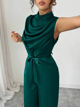 Elenzga جمبسوت أنيقة للنساء بياقة مندرين خضراء، بخصر مطوي ومكسرات، بدون أكمام، مناسبة للربيع والصيف