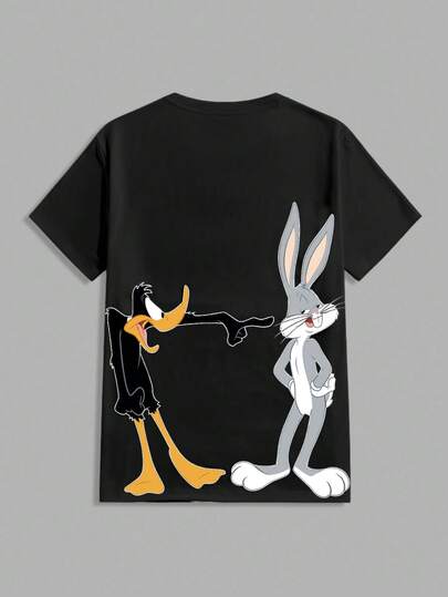 Looney Tunes X Manfinity Manfinity Joysei تي شيرت كاجوال للرجال بياقة مستديرة وأكمام قصيرة، بطبعات كرتونية، صيفي