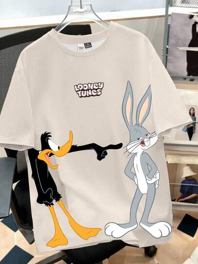 Looney Tunes X Manfinity Manfinity Joysei تي شيرت كاجوال للرجال بياقة مستديرة وأكمام قصيرة، بطبعات كرتونية، صيفي