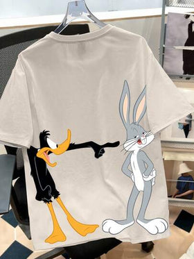 Looney Tunes X Manfinity Manfinity Joysei تي شيرت كاجوال للرجال بياقة مستديرة وأكمام قصيرة، بطبعات كرتونية، صيفي