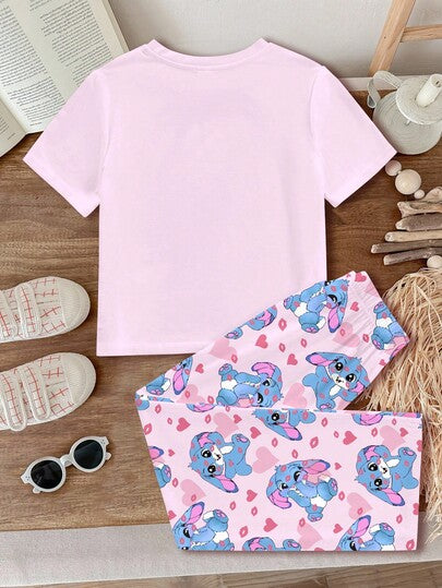 SHEIN مجموعة بيجامات قصيرة بياقة مستديرة وأكمام قصيرة للفتيات المراهقات، مناسبة للصيف والخريف، مزينة بطبعات قلب وأرنب كرتوني وعقدة ستيتش وطبعات خريفية