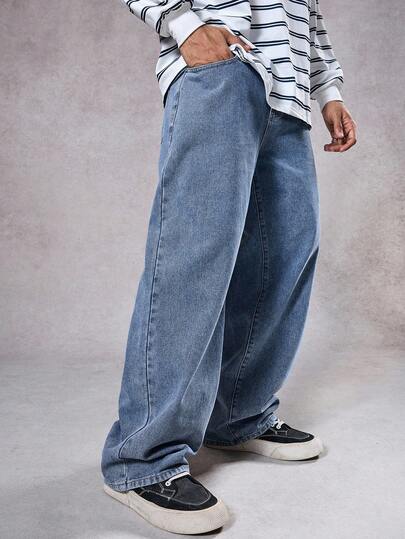 DAZY بنطلون جينز رجالي أزرق مغسول بمظهر قديم مع تطريز حرفي، خريف
