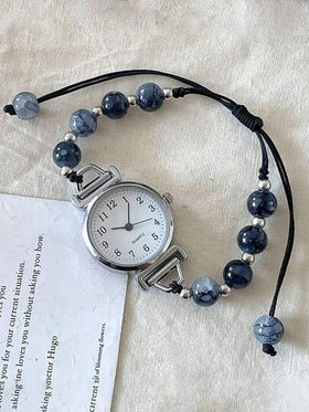 ساعة كوارتز مطرزة بالخرز والسلسلة المنسوجة للنساء، ساعة مطرزة أنيقة وجميلة، إكسسوار للحفلات
