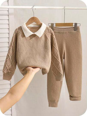 SHEIN مجموعة بولو كنزة صوفية 2 قطعة للأولاد الصغار، كاجوال، كلية، مريح، أناقة بسيطة عملية ناعمة مريحة فضفاضة مناسبة لحفلات أعياد الميلاد والأحتفالات والعروض، ملابس للأولاد الصغار مناسبة للمدرسة، العود للمدرسة، اليومية، السفر، الرياضة، الخريف والشتاء