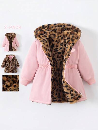 SHEIN Playful Pals معطف أنثوي للأطفال الرضع والصغار من سن 0-3 سنوات، مناسب للخريف والشتاء، مبطن بفرو صناعي قابل للعكس، بطبعة نمر وأسود سادة، متوسط الطول