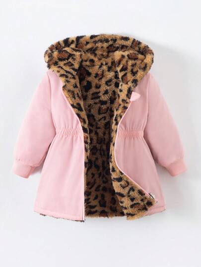 SHEIN Playful Pals معطف أنثوي للأطفال الرضع والصغار من سن 0-3 سنوات، مناسب للخريف والشتاء، مبطن بفرو صناعي قابل للعكس، بطبعة نمر وأسود سادة، متوسط الطول