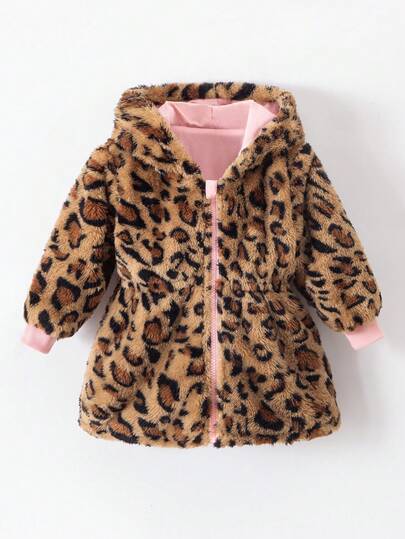 SHEIN Playful Pals معطف أنثوي للأطفال الرضع والصغار من سن 0-3 سنوات، مناسب للخريف والشتاء، مبطن بفرو صناعي قابل للعكس، بطبعة نمر وأسود سادة، متوسط الطول