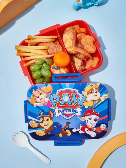 SHEIN | PAW Patrol صندوق طعام بنتو ذو 3 أقسام بنمط كرتوني مقاوم للتسرب سعة 1100 مل، متين ومقاوم للسقوط، مزود بأدوات المائدة وشوكة الطعام