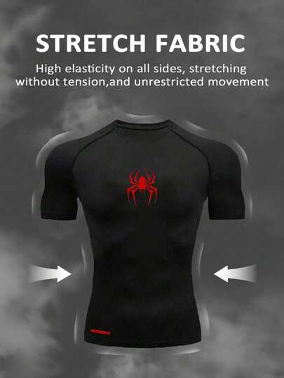Manfinity Sport Corelite بدلة رياضية للرجال تتكون من ملابس علوية بأكمام قصيرة وطبعة عنكبوت بياقة مستديرة وشورت بخصر رباط، بدلة رياضية نشطة مع ملابس علوية وشورت، بدلة تمرين وملابس رياضية مع ملابس علوية ضاغط