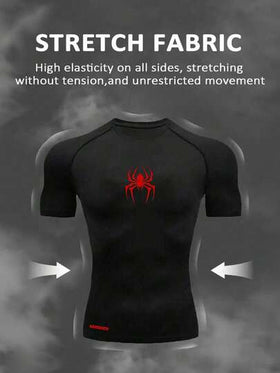 Manfinity Sport Corelite بدلة رياضية للرجال تتكون من ملابس علوية بأكمام قصيرة وطبعة عنكبوت بياقة مستديرة وشورت بخصر رباط، بدلة رياضية نشطة مع ملابس علوية وشورت، بدلة تمرين وملابس رياضية مع ملابس علوية ضاغط