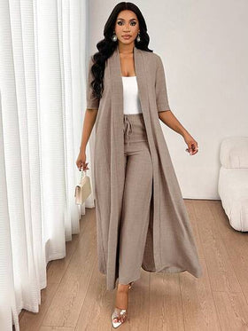 SHEIN Lady بدلة سيدات مكونة من كارديجان طويل بلون أحادي أنيق وكاجوال مناسب للذهاب للعمل والعطلات، وبنطلون مستقيم فضفاض، مناسبة لجميع الفصول