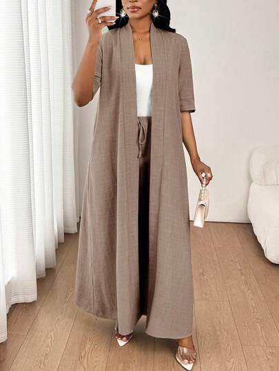 SHEIN Lady بدلة سيدات مكونة من كارديجان طويل بلون أحادي أنيق وكاجوال مناسب للذهاب للعمل والعطلات، وبنطلون مستقيم فضفاض، مناسبة لجميع الفصول