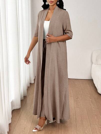 SHEIN Lady بدلة سيدات مكونة من كارديجان طويل بلون أحادي أنيق وكاجوال مناسب للذهاب للعمل والعطلات، وبنطلون مستقيم فضفاض، مناسبة لجميع الفصول