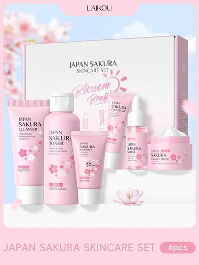 1 مجموعة LAIKOU JAPAN SAKURA تحتوي على 6 قطع للعناية بالبشرة، مضادة للشيخوخة (كريم واق من الأشعة فوق البنفسجية 30جم بواقي 50 وغسول 50جم ومحلول تنظيف 100مل وسيروم 17مل وكريم للعين 15جم وكريم للوجه 25جم) هدايا مجموعات العناية الفائقة بالبشرة هدايا للفتيات ل
