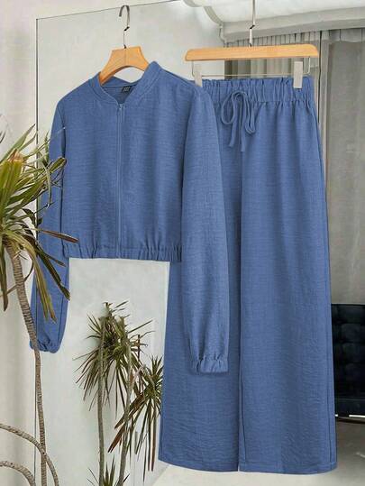 SHEIN LUNE بدلة كاجوال من سروال ذو ساق واسعة وجاكيت مزود بسحاب