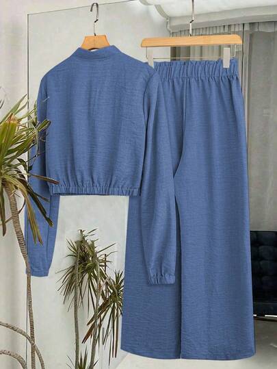 SHEIN LUNE بدلة كاجوال من سروال ذو ساق واسعة وجاكيت مزود بسحاب