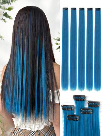 5 قطع من مشابك الشعر الأزرق الإضافية، باروكات ألياف صناعية للنساء، يمكن مطابقتها مع أنماط الشعر المختلفة دون الذهاب إلى صالون التجميل، مناسبة للاستخدام اليومي والحفلات
