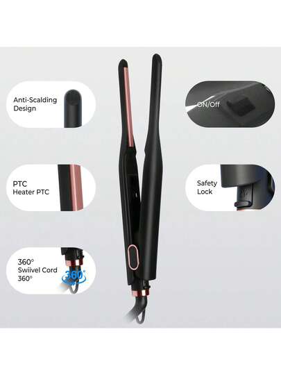 أداة تصفيف الشعر المصغرة 2 في 1 من UKLISS: مكواة شعر مسطحة بقطر 1/3 بوصة (مستقيم ومجعد) - محمولة وصديقة للسفر، درجة حرارة قابلة للتعديل، إيقاف تلقائي | مناسبة للنساء والشعر القصير والقصات البيكسي واللحى | تصميم أسود عصري مع تفاصيل نحاسية (لون أسود وذهبي)