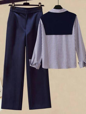 Franclia مجموعة من قطعتين للنساء، قميص ذو ياقة شال مخطط وبنطال ذو خصر عالي وساق واسعة، للربيع/الخريف