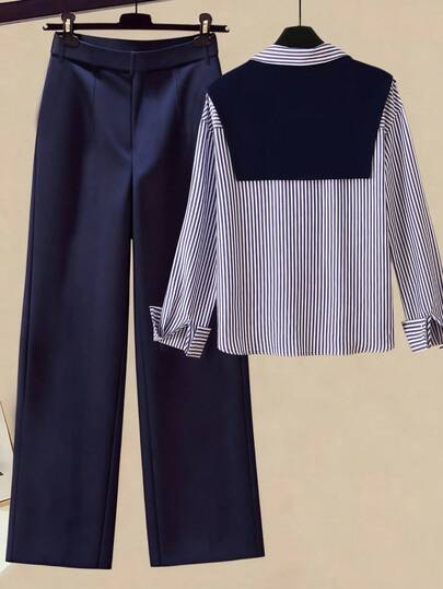 Franclia مجموعة من قطعتين للنساء، قميص ذو ياقة شال مخطط وبنطال ذو خصر عالي وساق واسعة، للربيع/الخريف