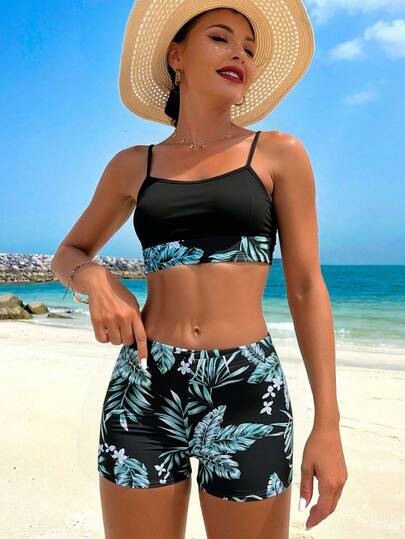 Swim Lushoire مجموعة ملابس سباحة نسائية مطبوعة بنباتات استوائية