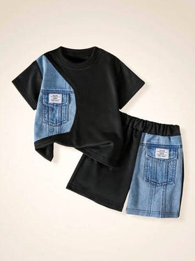 SHEIN مجموعة بولو وشورت أطفال رضع كاجوال بنقشة الشطرنج 2 قطعة، بطراز كلاسيكي كوليدج، مناسبة للارتداء اليومي في الربيع والصيف