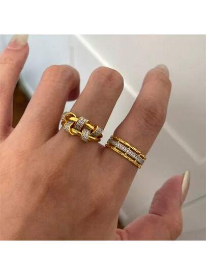 VKHK 1 قطعة خاتم مفتوح مطلي بالذهب الأصفر عيار 18 كاراط مزين بالزركونيا اللامعة، مناسب لارتداء النساء في حفلات الزفاف والهدايا