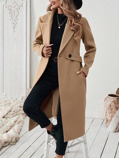 SHEIN PETITE معطف أساسي للنساء بياقة مشرشرة وأزرار وخصر ضيق، مناسب للتنقل والأعمال، معطل طويل للخريف/الشتاء