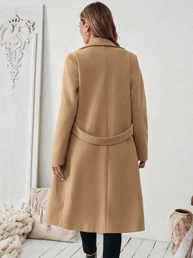 SHEIN PETITE معطف أساسي للنساء بياقة مشرشرة وأزرار وخصر ضيق، مناسب للتنقل والأعمال، معطل طويل للخريف/الشتاء