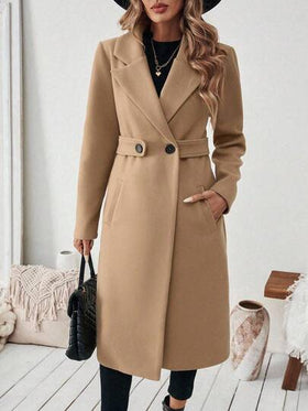 SHEIN PETITE معطف أساسي للنساء بياقة مشرشرة وأزرار وخصر ضيق، مناسب للتنقل والأعمال، معطل طويل للخريف/الشتاء