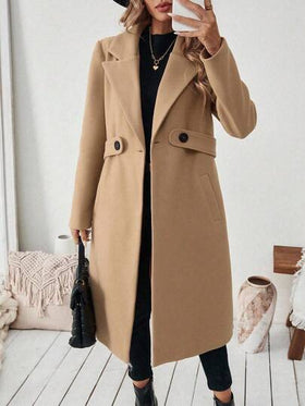 SHEIN PETITE معطف أساسي للنساء بياقة مشرشرة وأزرار وخصر ضيق، مناسب للتنقل والأعمال، معطل طويل للخريف/الشتاء