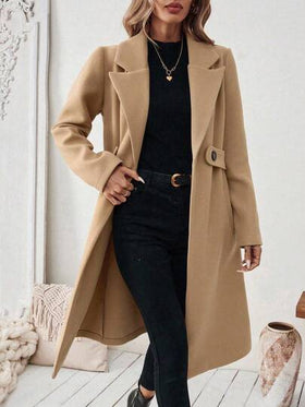 SHEIN PETITE معطف أساسي للنساء بياقة مشرشرة وأزرار وخصر ضيق، مناسب للتنقل والأعمال، معطل طويل للخريف/الشتاء