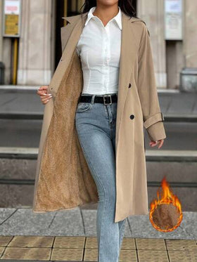 SHEIN PETITE معطف كاجوال نسائي بتصميم مهترئ وزخرفة كلاسيكية بلون الخاكي