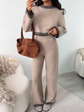 SHEIN EZwear كنزة صوفية شتوية/خريفية جديدة للنساء مجموعة من قطعتين مع تريم متباين اللون