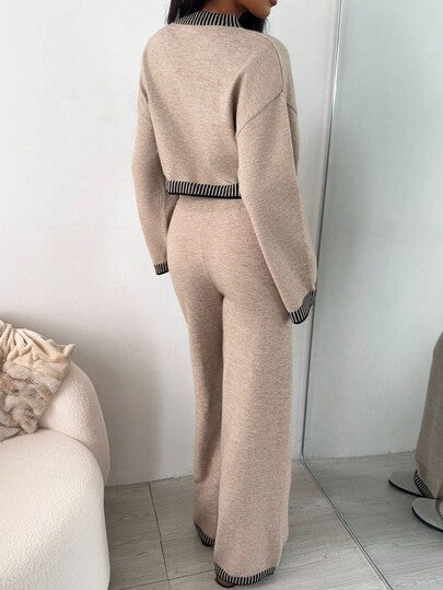 SHEIN EZwear كنزة صوفية شتوية/خريفية جديدة للنساء مجموعة من قطعتين مع تريم متباين اللون