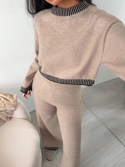 SHEIN EZwear كنزة صوفية شتوية/خريفية جديدة للنساء مجموعة من قطعتين مع تريم متباين اللون