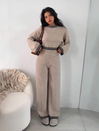 SHEIN EZwear كنزة صوفية شتوية/خريفية جديدة للنساء مجموعة من قطعتين مع تريم متباين اللون