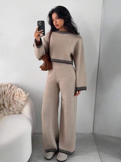 SHEIN EZwear كنزة صوفية شتوية/خريفية جديدة للنساء مجموعة من قطعتين مع تريم متباين اللون