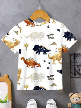 SHEIN تي شيرت صيفي شبابي كاجوال برسمة ديناصور بتصميم بسيط و بأكمام قصيرة و ياقة دائرية