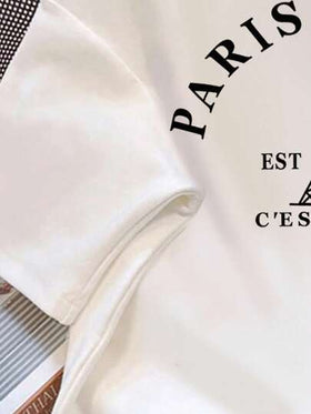 SHEIN Leap Crew قميص كريو أبيض مطبوع بحرف باريس للبنات المراهقات، قصير الأكمام، مناسب للصيف والعودة إلى المدرسة، بلوزات بناتية، قميص كبير الحجم، قمصان مدرسية، مصنوع من خليط القطن
