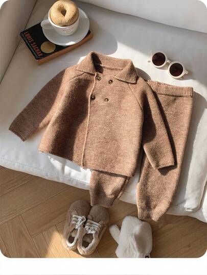 SHEIN مجموعة كنزة صوفية وبنطلون بياقة عالية بأكمام طويلة لون أحادي لطفل/طفلة، دافئة للخريف/الشتاء، 2 قطعة/طقم