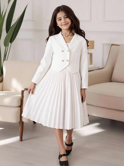 SHEIN طقم جاكيت وفستان أنيق بلون أحادي مزدوج الصدر للفتيات المراهقات، خريفي