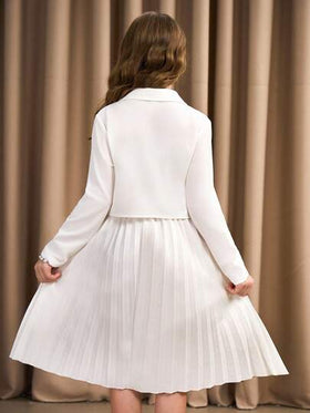 SHEIN طقم جاكيت وفستان أنيق بلون أحادي مزدوج الصدر للفتيات المراهقات، خريفي