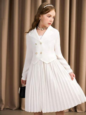 SHEIN طقم جاكيت وفستان أنيق بلون أحادي مزدوج الصدر للفتيات المراهقات، خريفي
