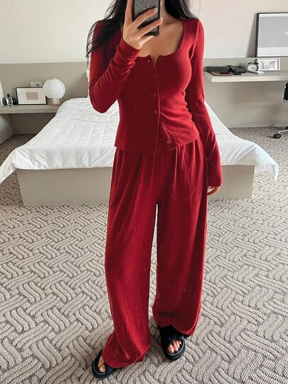 DAZY طقم ملابس علوية مضفرة من الفليس وبنطلون بيجاما فضفاض للنساء، ملابس منزلية مريحة للخريف والشتاء رمضان