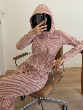 DAZY مجموعة ملابس نسائية كاجوال من البلوزة والبنطلون المصنوعة من الفليس المخطط، بيجامة شتوية مريحة