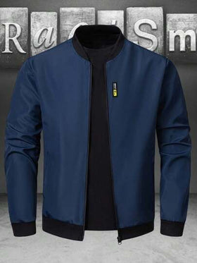 Manfinity Homme معطف رجالي أحادي اللون بسيط كاجوال بسحاب وأكمام طويلة، جاكيت رياضي/جاكيت رياضي للخارج، للخريف