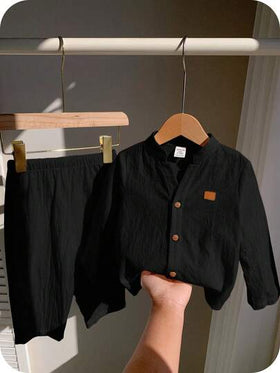 SHEIN طقم قميص كم طويل ذو ياقة واقفة وبنطال بخصر مطاطي للأطفال الكاجوال ،باللون الأسود، مناسب للخريف/الربيع/الصيف ، مناسب لحفلات أعياد الميلاد ،رأس السنة ، الزفاف ، حفلات استقبال المولود